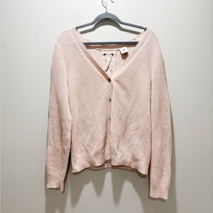 CABI Eliza Soft Pink V-Neck Button Cardigan Sweater Lace Up Back Girly L